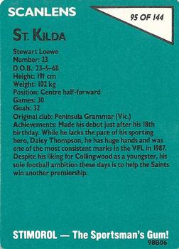 1988 Scanlens VFL #95 Stewart Loewe Back